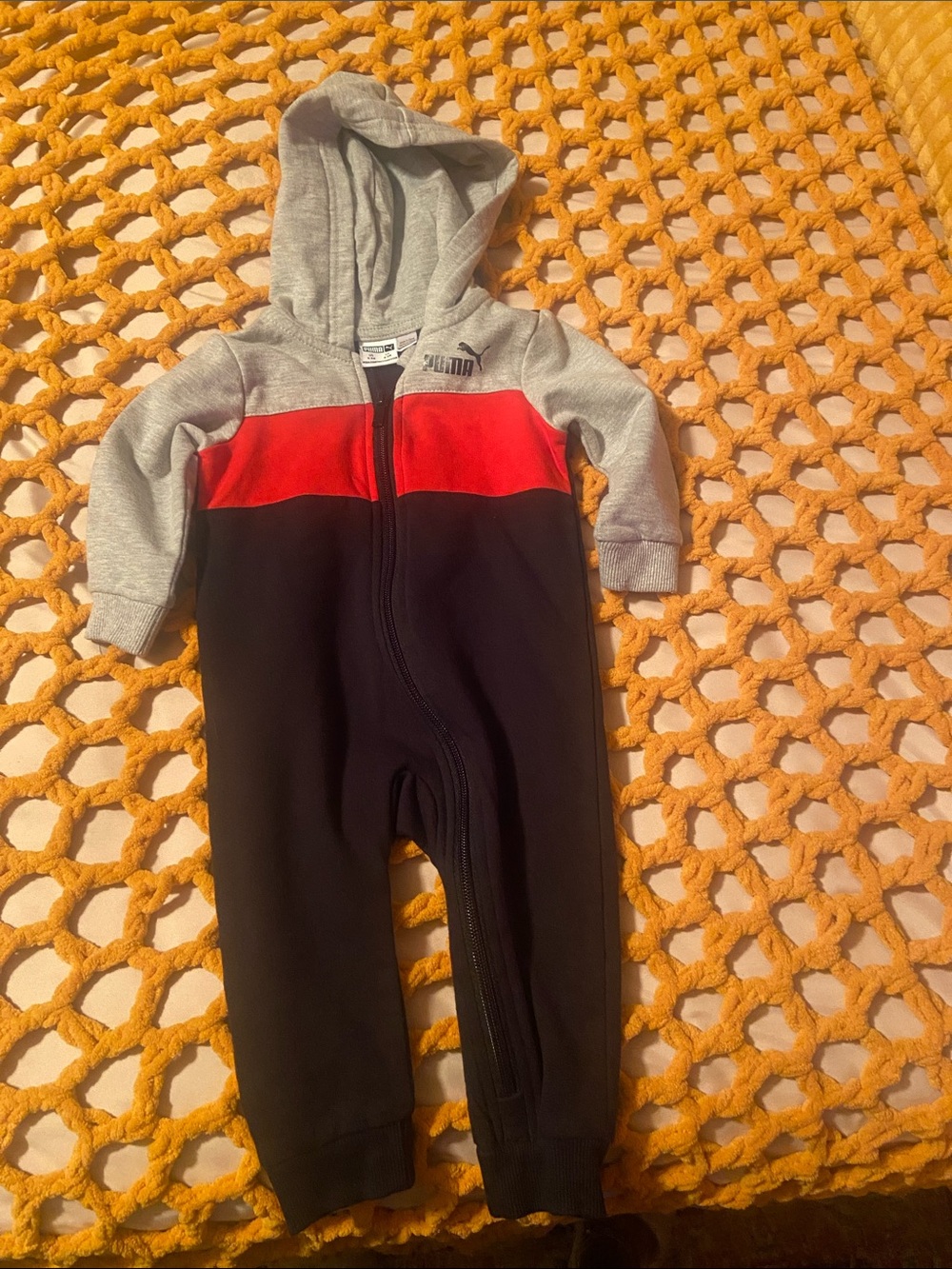 Puma Gray, Red & Black Toddler Hooded One-Piece